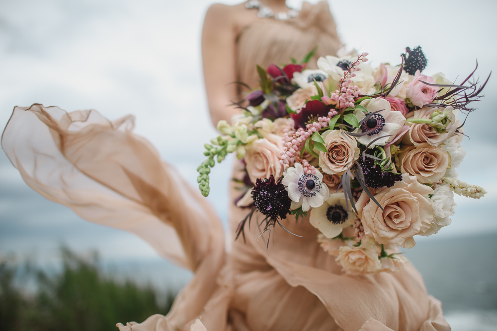 Blush Gown Anemone Bouquet Colours of the Wind Erin Wallis Photography West Coast Weddings Magazine