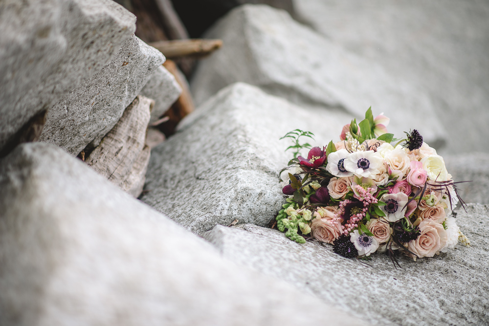 Anemone Purple Bouquet on Rock Colours of the Wind Erin Wallis Photography West Coast Weddings Magazine