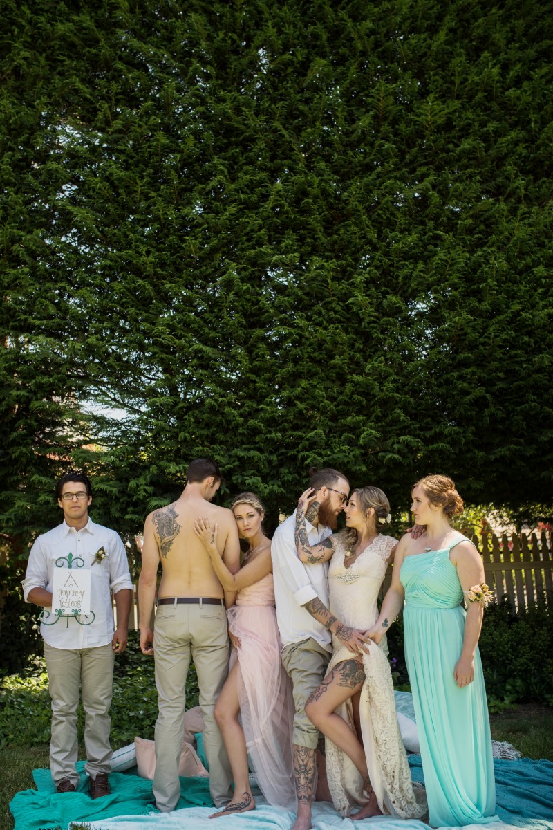 Tattooed Wedding Party Shirtless and Pastel Gowns West Coast Weddings Magazine