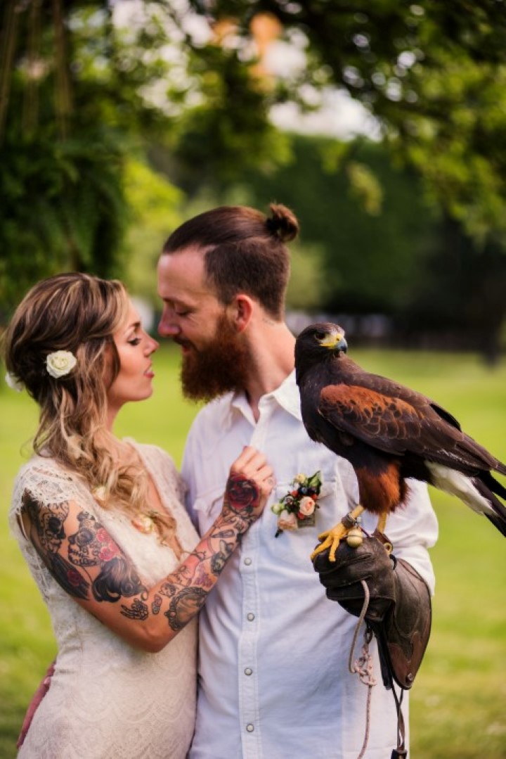 Bride and Groom with Falcon Love in the Summer Bridesmaids by Funkytown Photography West Coast Weddings