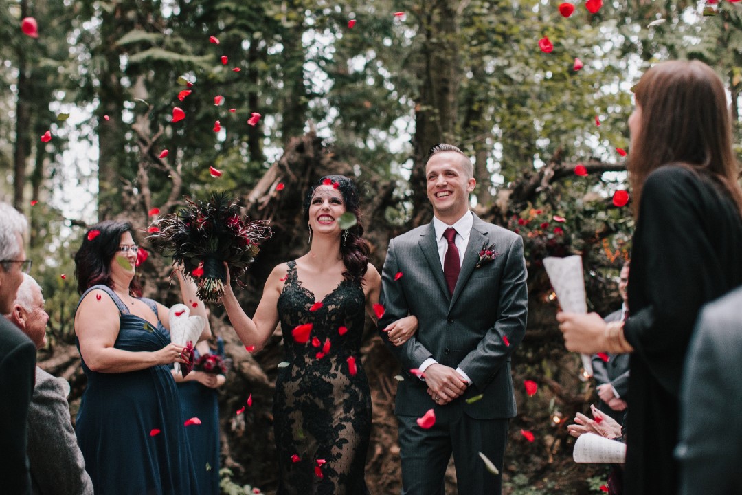 Bride Coming Down Aisle in Forest Ceremony Gothic Dark Elegance West Coast Weddings Magazine