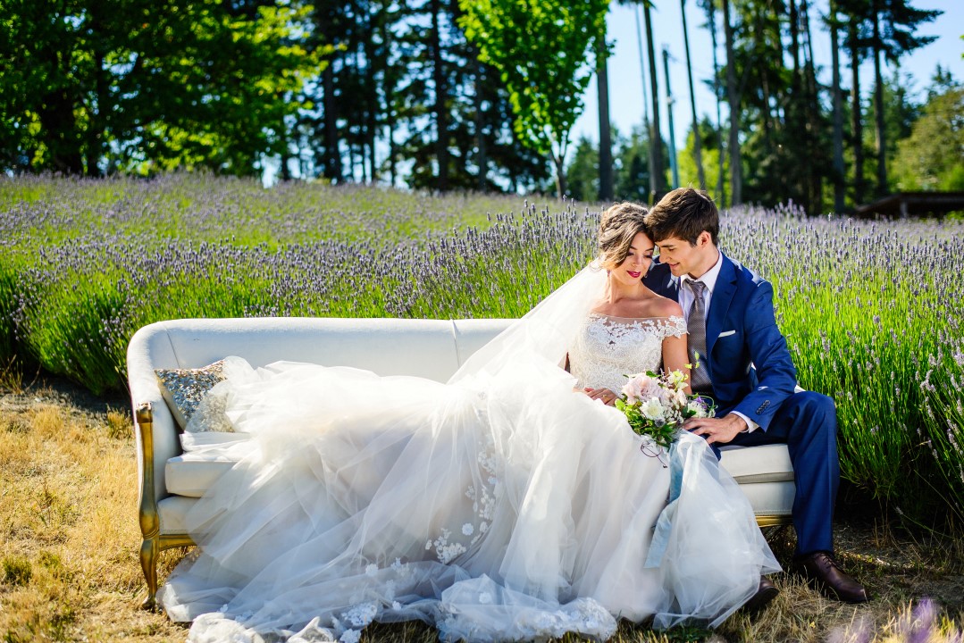 Bridal couple on couch in field of lavender Kristen Borelli Photography