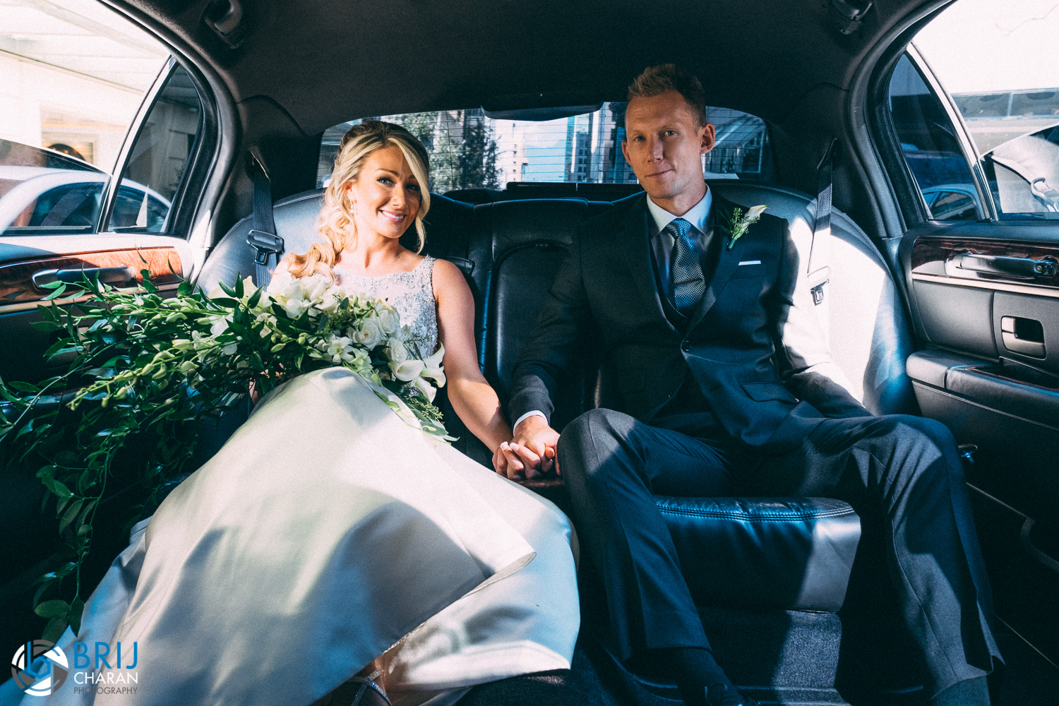 Relaxing in the limo at styled session Vancouver Wedding Magazine