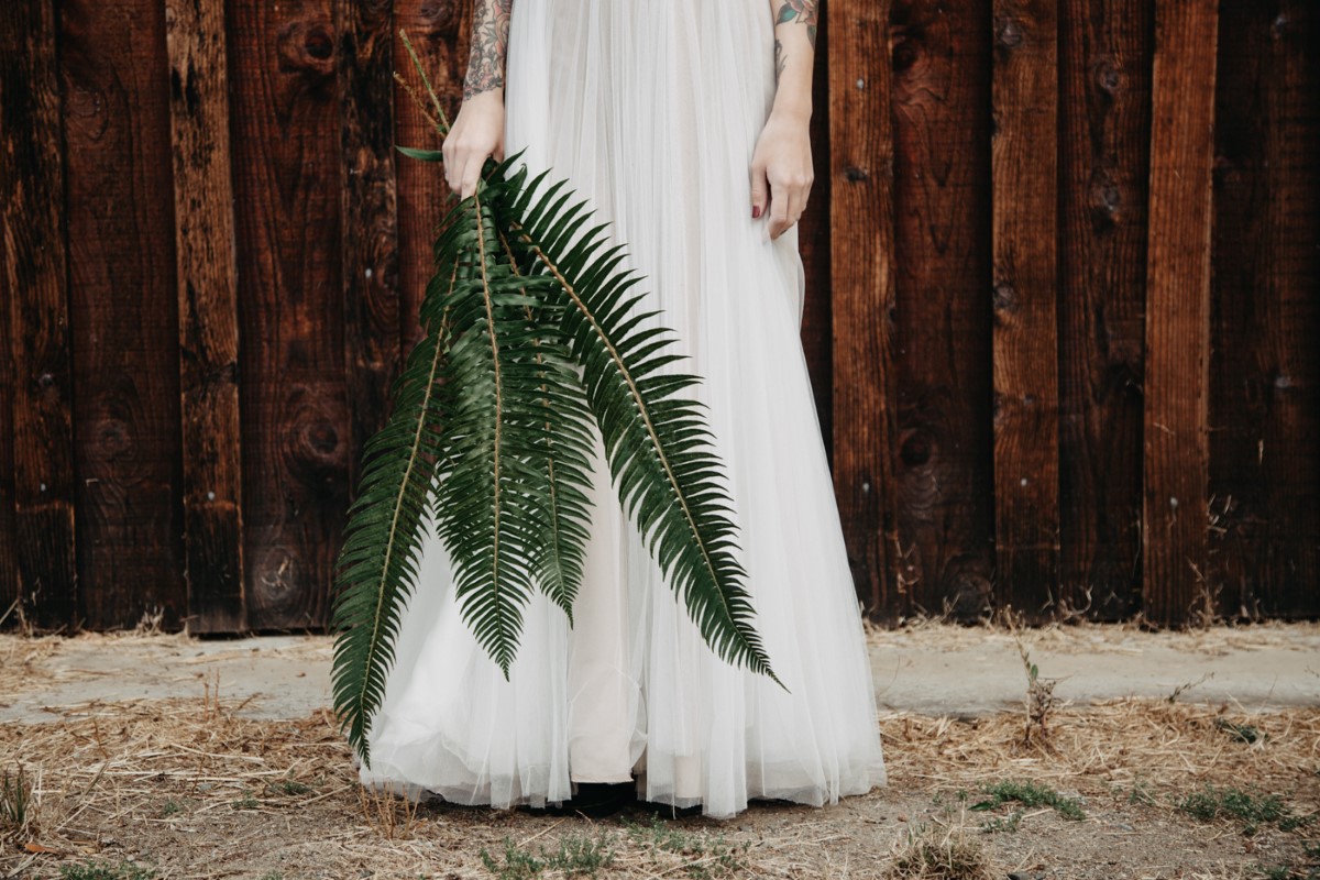 Ferns against Bri Inked + Pretty Brides West Coast Weddings Magazine dal gown