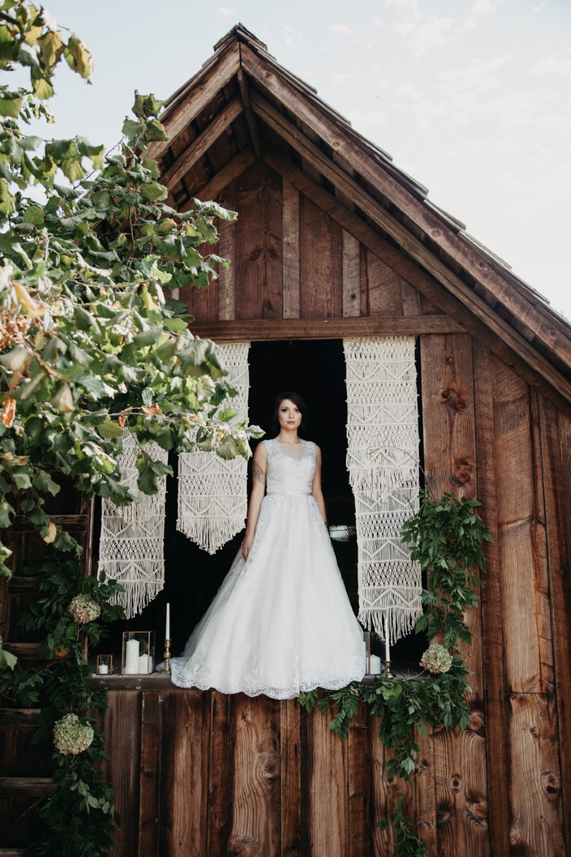 Bride in Inked + Pretty Brides West Coast Weddings Magazine Barn with Macrame