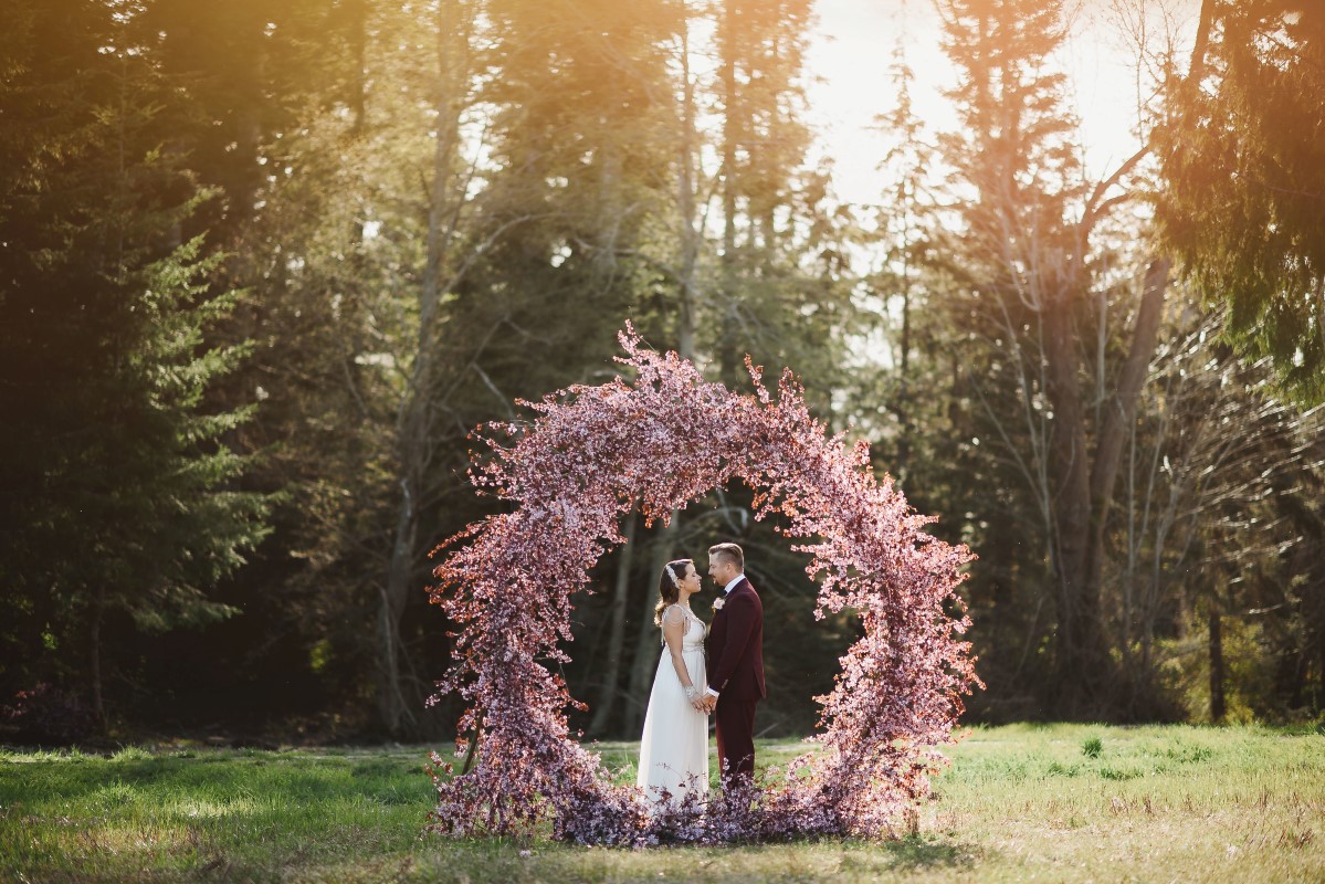 Cherry Blossom Ceremony Circle Arch | Erin Wallis Photography | Sublime Celebrations | Karen Bezaire | Shelter Point Distillery | The White Peony | Jims Clothes Closet | Purely Flower | Headquarters Hair Studio | Eden Street Spa | West Coast Weddings Magazine