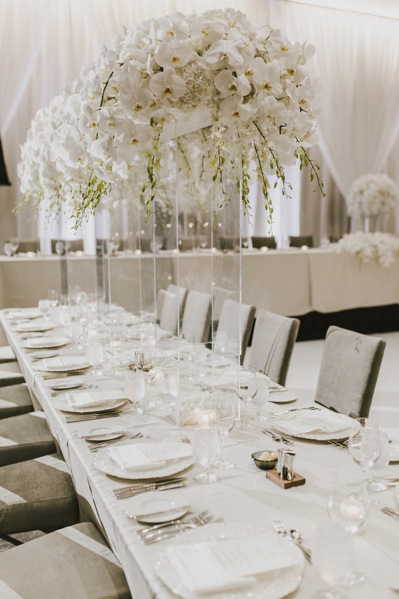 Guest Table White Orchids Kayseeb abd Stevan Silk Sophistication Ophelia Photography Vancouver West Coast Weddings Magazine