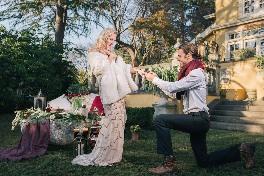 Styled Proposal on Knee at Villa Marco Polo Inn Vancouver Island Wedding Magazine