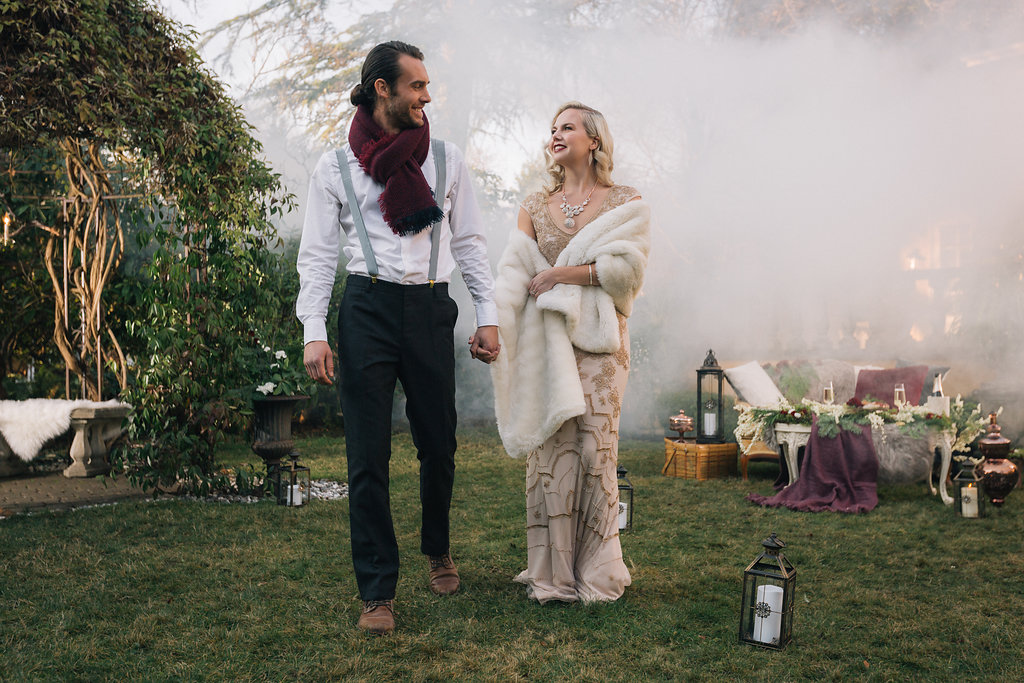 Smoke bomb styled proposal Engaged couple Vancouver Island