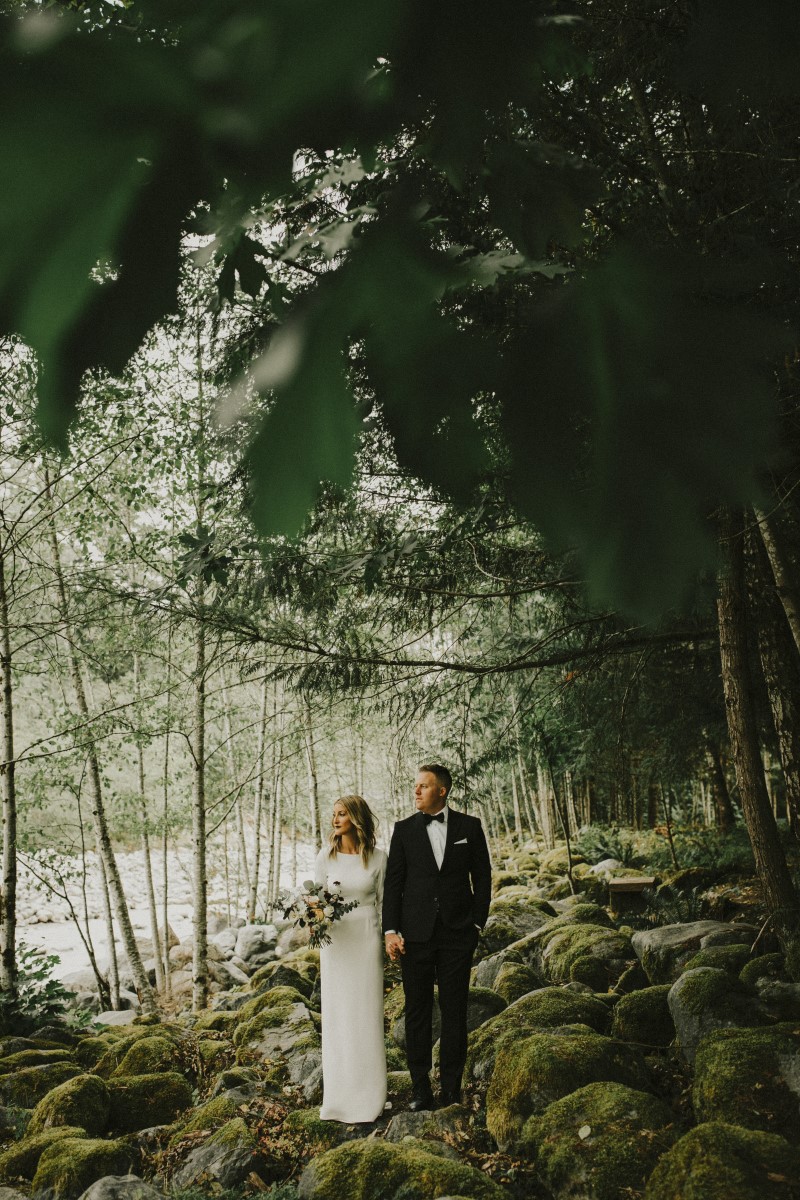 Newlyweds in Forest Elegant Woodland West Coast Weddings Magazine Vancovuer