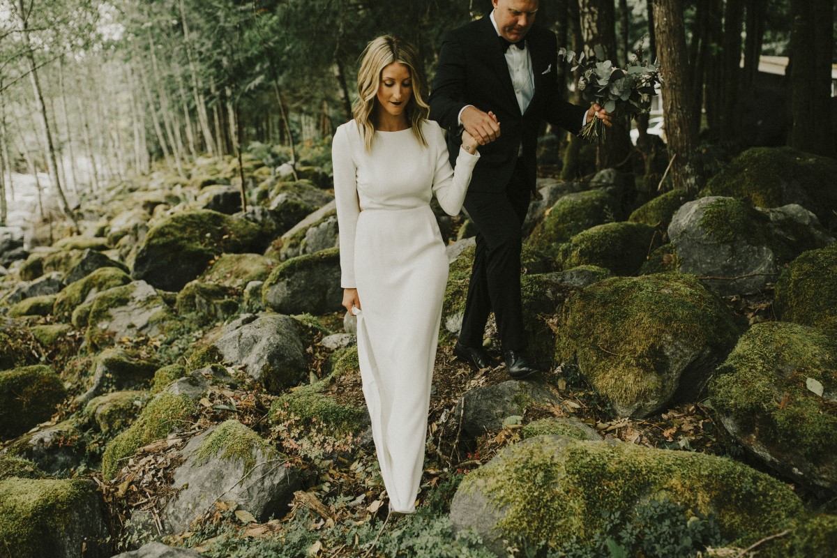 Bride and Groom Walking in Forest Elegant Woodland West Coast Weddings Magazine Vancovuer