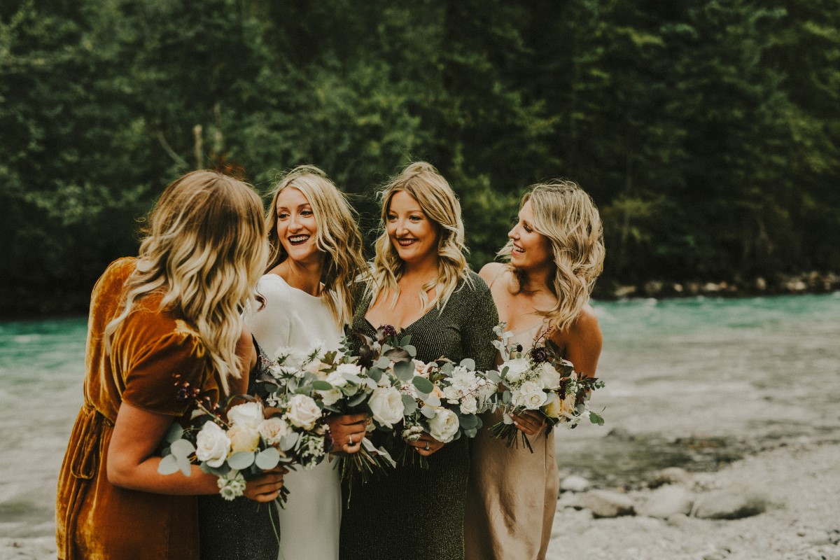 Orange Green Yellow Bridesmaids Gowns Elegant Woodland West Coast Weddings Magazine Vancovuer