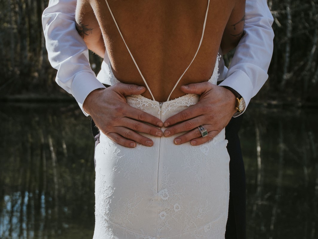 Sun Dappled bride in Pure Magnolia backless gown Vancouver Wedding Magazine