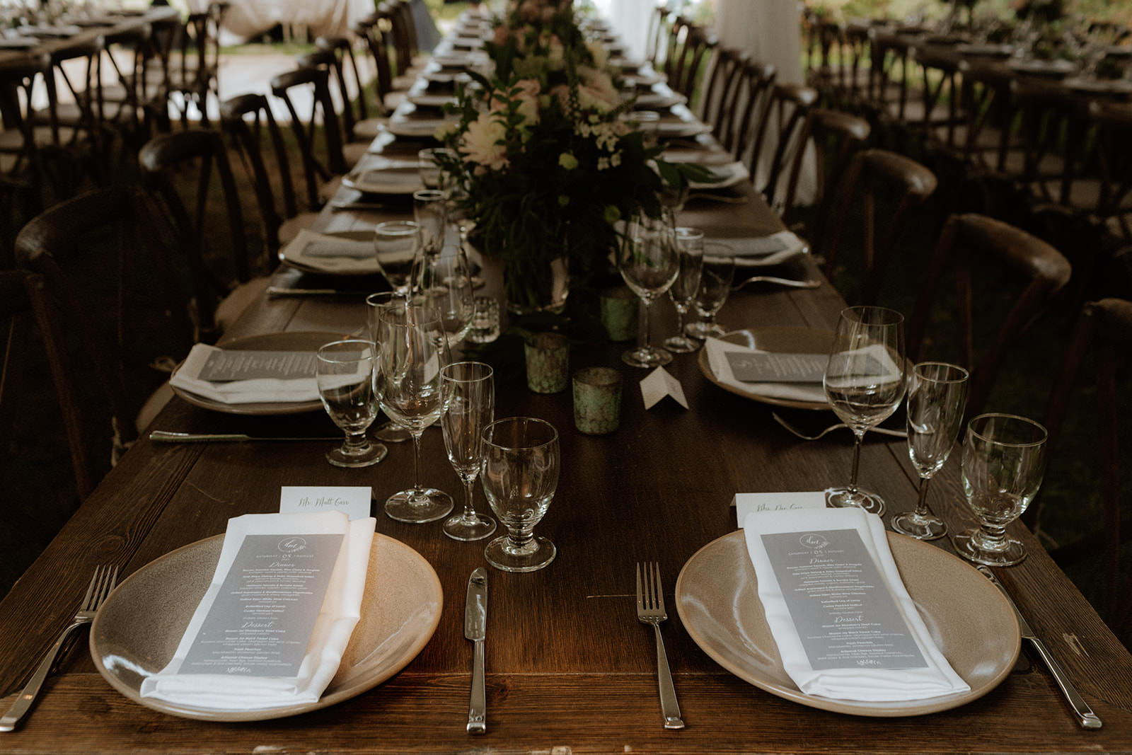 Long tables set with rustic elegant decor Tomasz Wagner PHotography BC Wedding Magazine