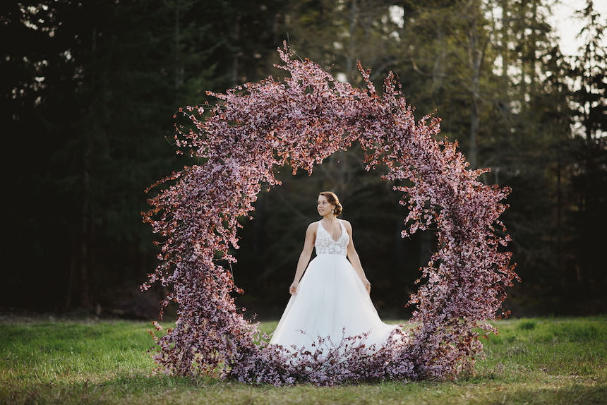 Cherry Blossom Ceremony Circle Arch | Erin Wallis Photography | Sublime Celebrations | Karen Bezaire | Shelter Point Distillery | The White Peony | Jims Clothes Closet | Purely Flower | Headquarters Hair Studio | Eden Street Spa | West Coast Weddings Magazine