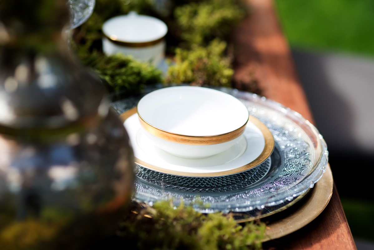 Enchanted Forest Dinnerware with Gold Edges by Beauty Bride and Jen Steele Photography