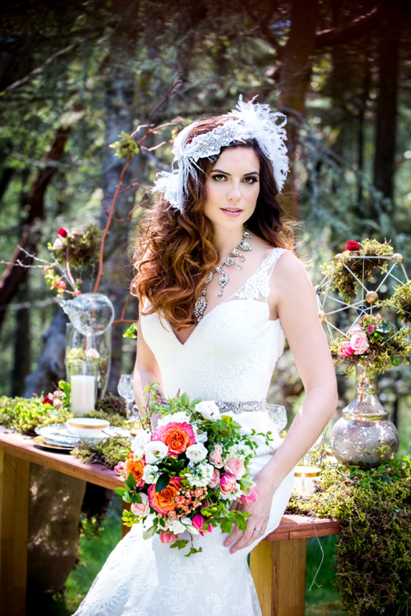 Enchanted Forest Bride with Head Piece by Lynda Marie Couture Millinery West Coast Weddings Magazine