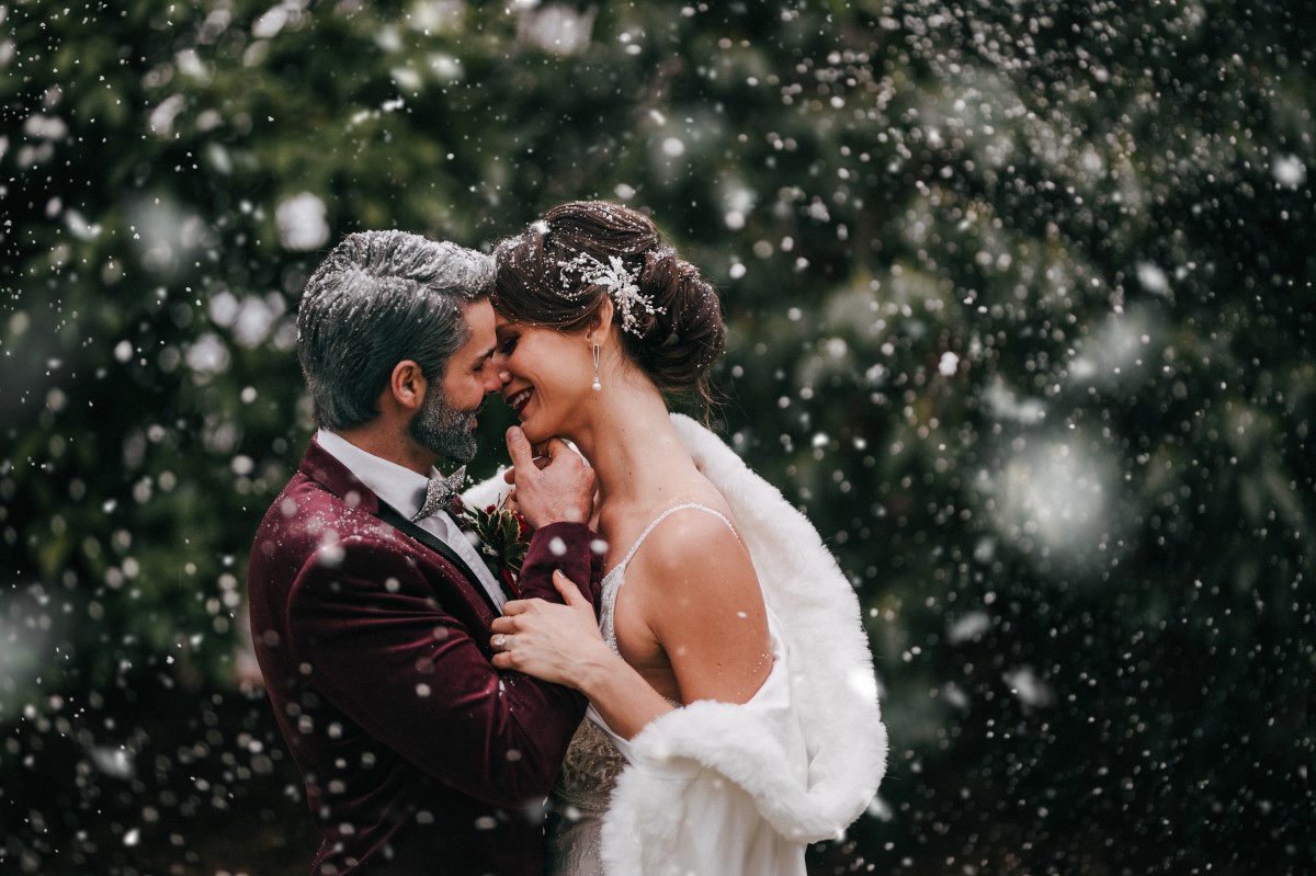 Holiday Glamour at Oak Bay Beach Hotel | Tasha Cline Photography | Beauty Bride | Cake by Taryn | Jennigs the Florist | Bliss Gowns & Events | Madison Paige Hair | Pretty Please Makeup Artistry | Newlyweds in snowflakes