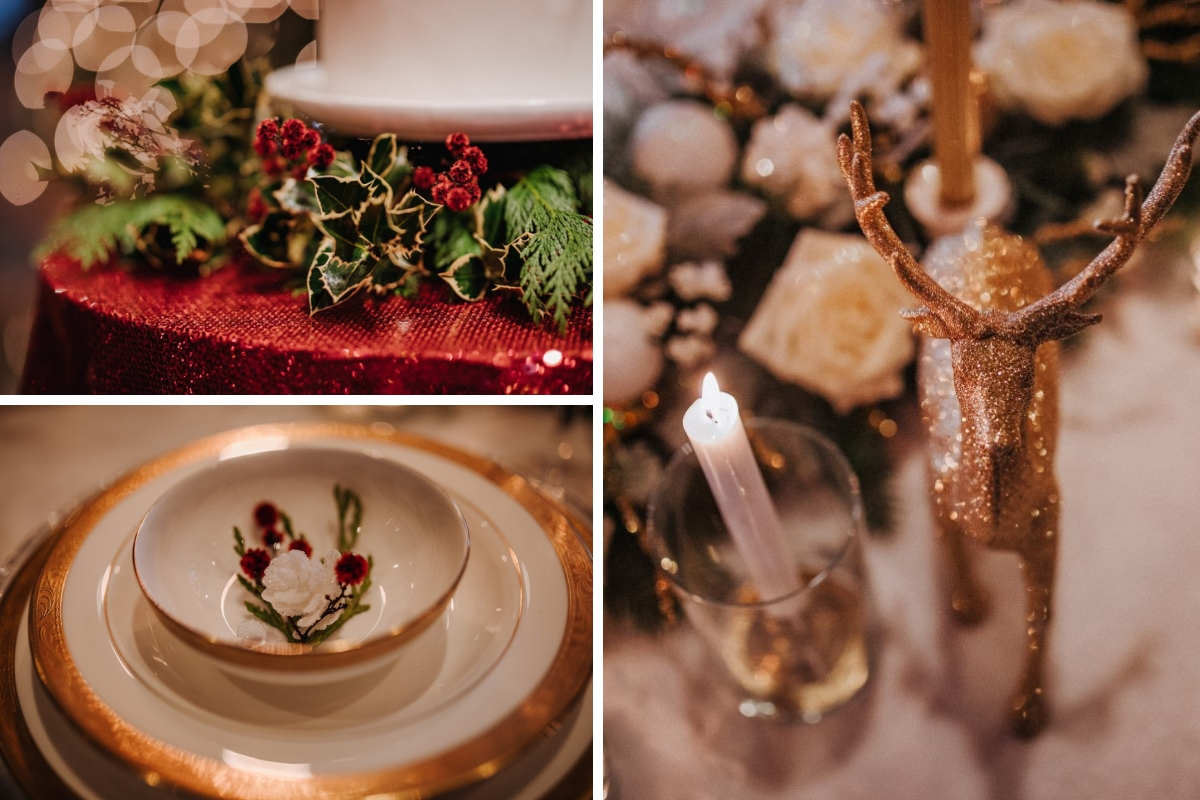 A Glamorous Holiday Wedding Reception Details Myrtle on Gold Edged Plates