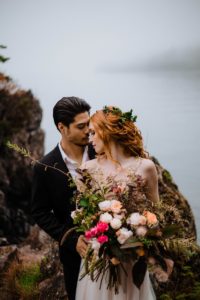 Celtic Bride with Bouquet of pink and white by Cartref Gardens Vancouver Island