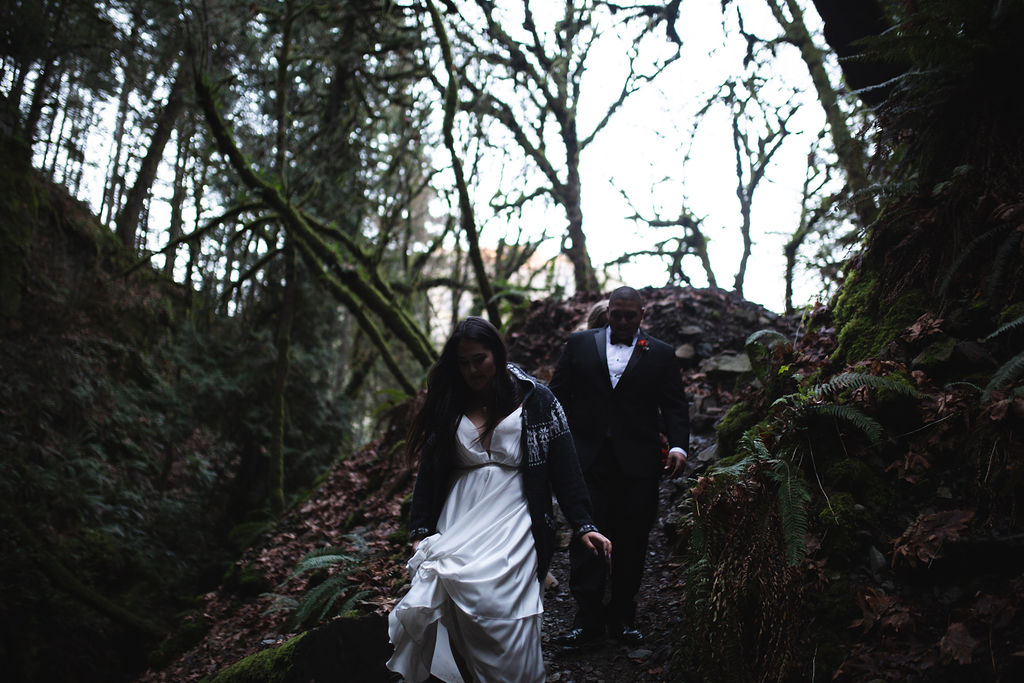 Newlyweds Walk through misty forest