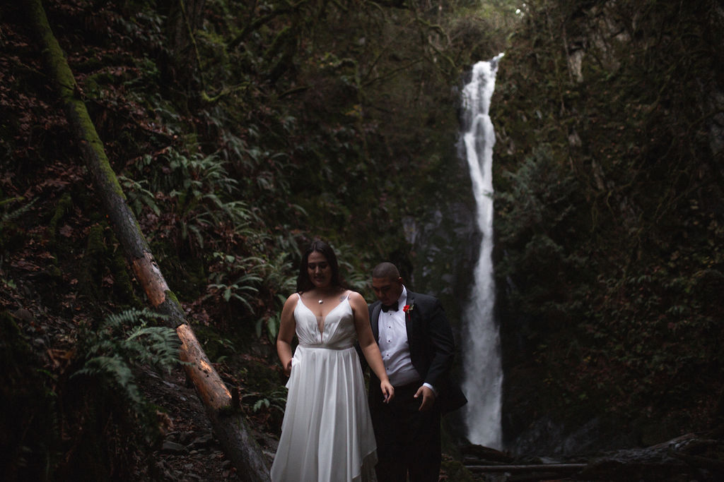 Waterfall and forest in newlywed shoot on Vancouver Island