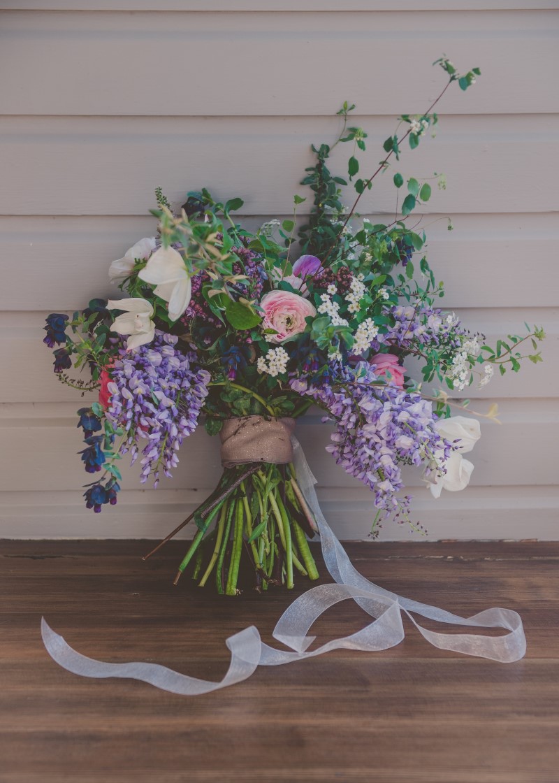 Local Love Bridal Bouquet with purple flowers and ribbon Little Bee Blossoms