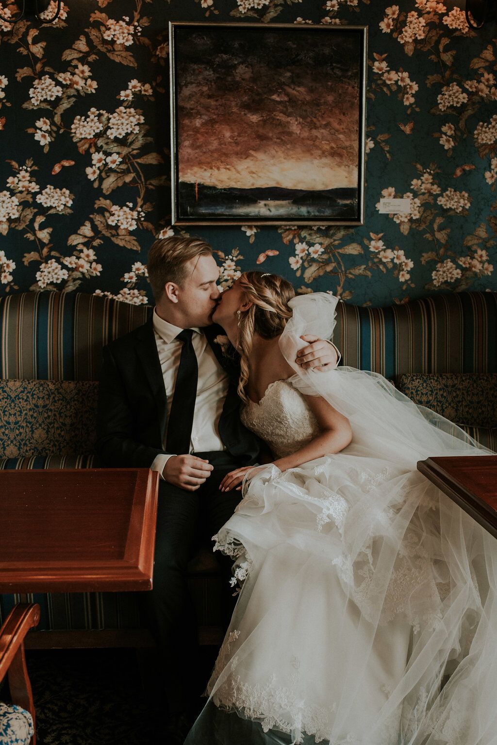 Romantic Wedding Couple kiss at The Snug with bride in Sposa Gown made of lace