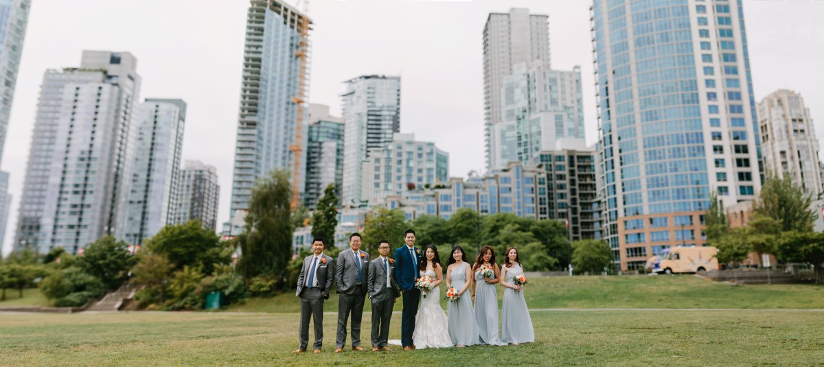 Chinese Fusion Wedding Party with Vancouver Sky Line behind