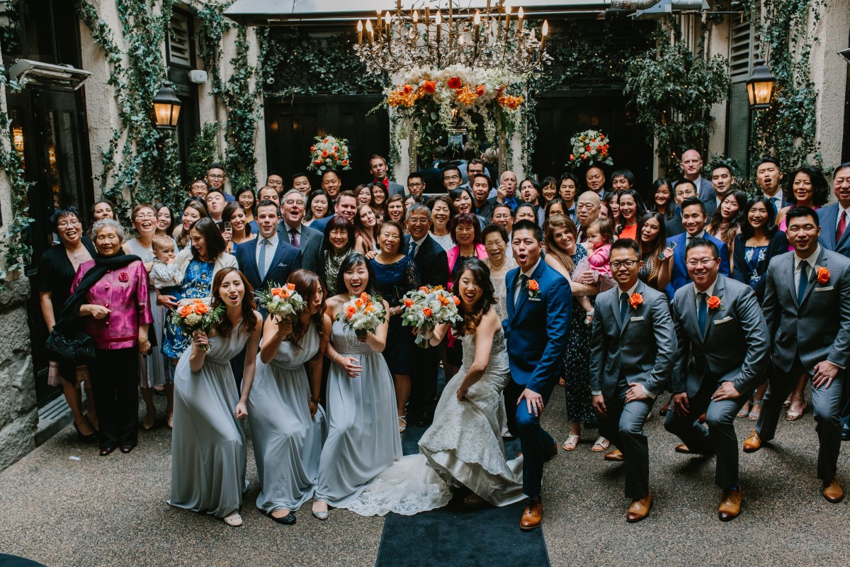 Chinese Fusion Wedding Group Portrait of guests and newlyweds in Vancouver