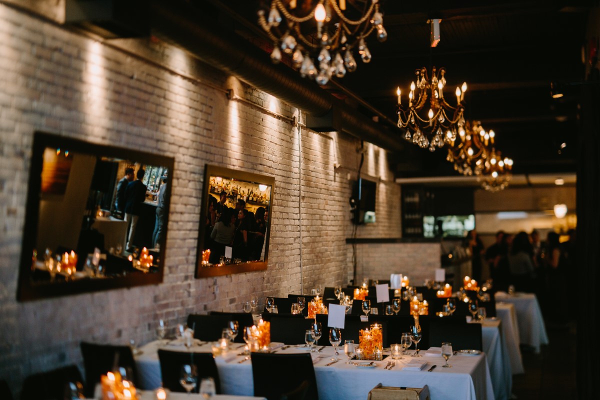 Brix and Morter Wedding Reception Venue chandeliers on ceilings