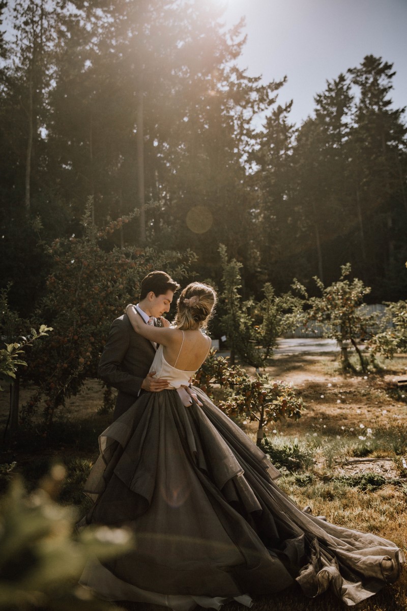 Wedding Couple in Apple Orchard on Vancouver Island