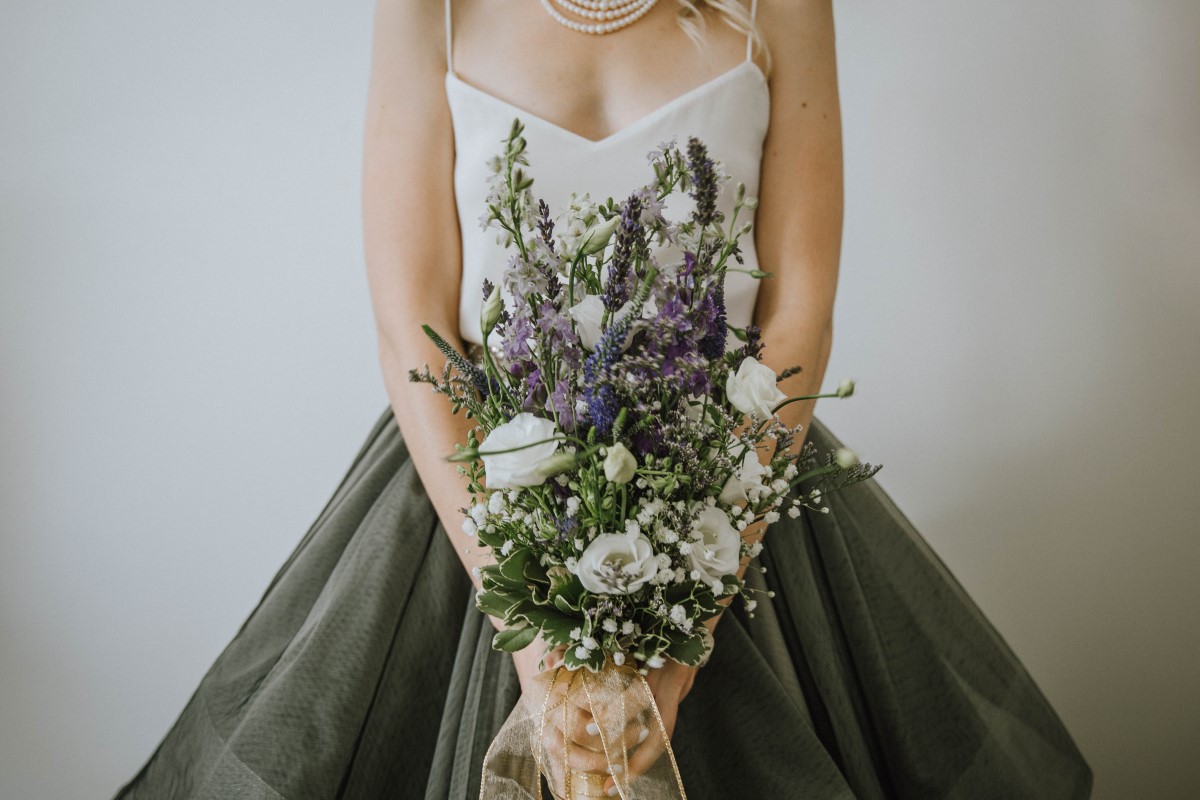 Bridal Bouquet of larkspur and white roses