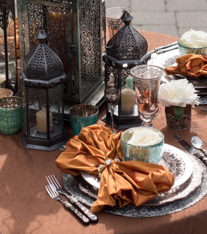 Burnt Orange on Pewter Dishes with Moroccan Lanterns