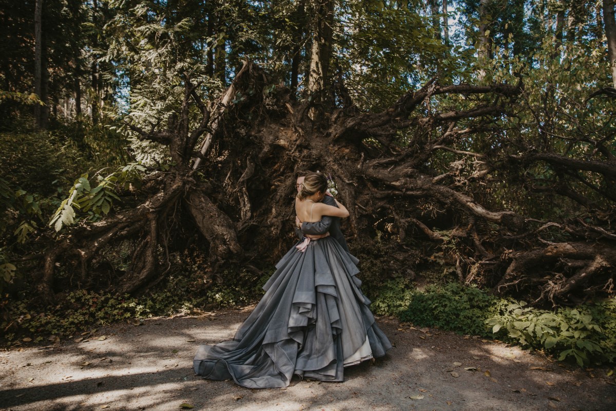 Bride wearing blue gown in Forest on Vancouver Island