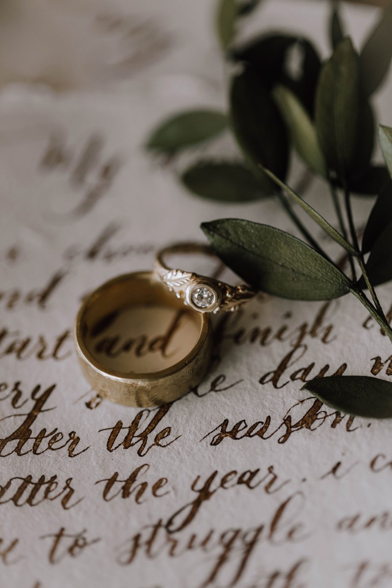 Wedding rings on calligraphy vows and greenery by Vancouver Island Weddings Magazine