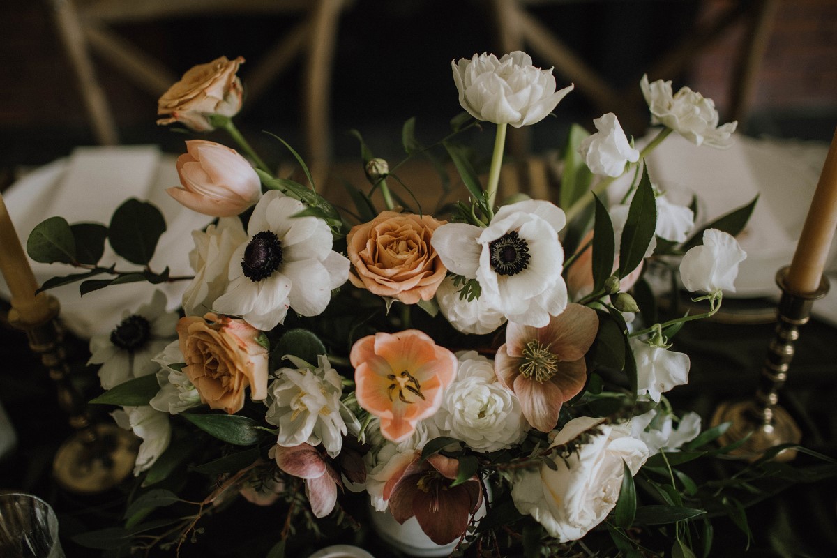 Bridal Bouquet of white anemone and peach roses with ribbons