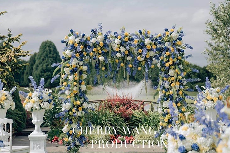 Blue and yellow floral display for Chinese Wedding in Vancouver