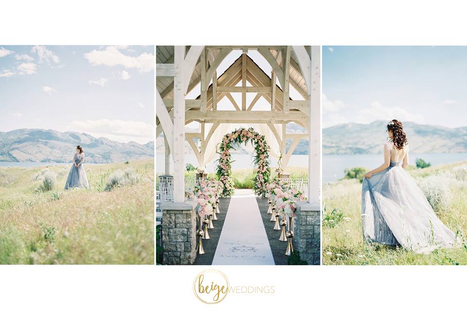 Bride in a field of grass looking over mountains