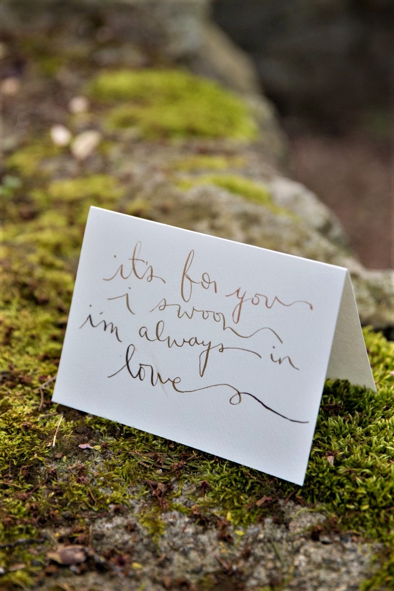 Love Note sits on moss in the forest White Album Photography