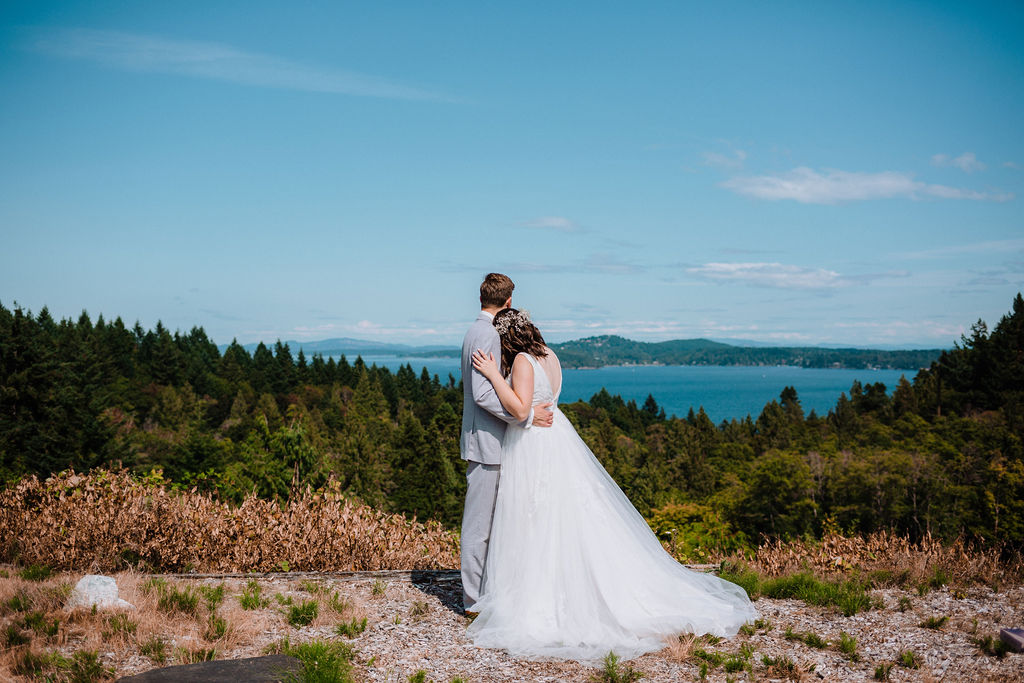 Happily Ever After Bride and Groom along ocean on Vancouver Island