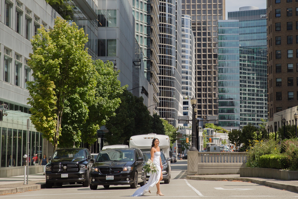 City Chic Bride in front of Vancouver skyscrapers