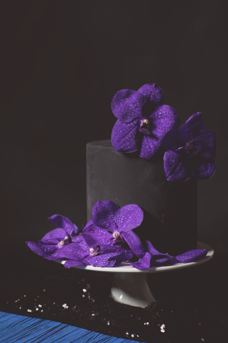 Purple Hydrangea on Dark Wedding Cake by Momo Chen Cakes