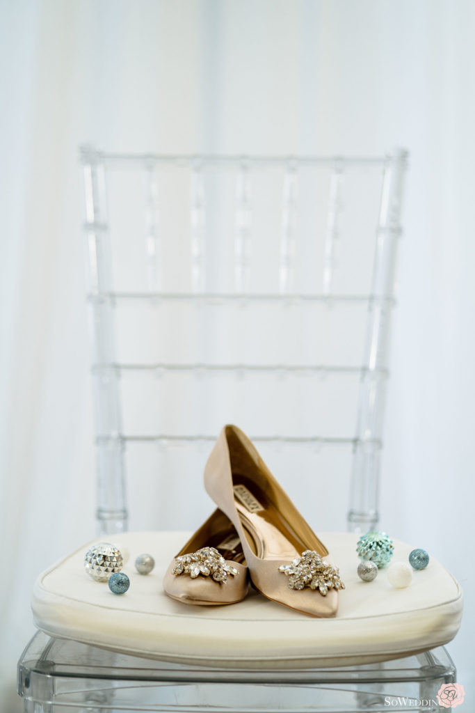 Sparkly Bridal Shoes sitting on white chair at Trump Hotel Vancouver