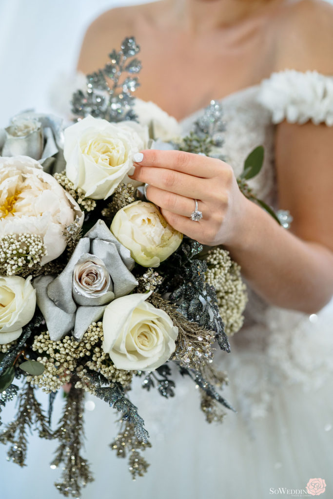 Blue and silver sparkle with white roses bridal bouquet by Proline Trading Vancouver