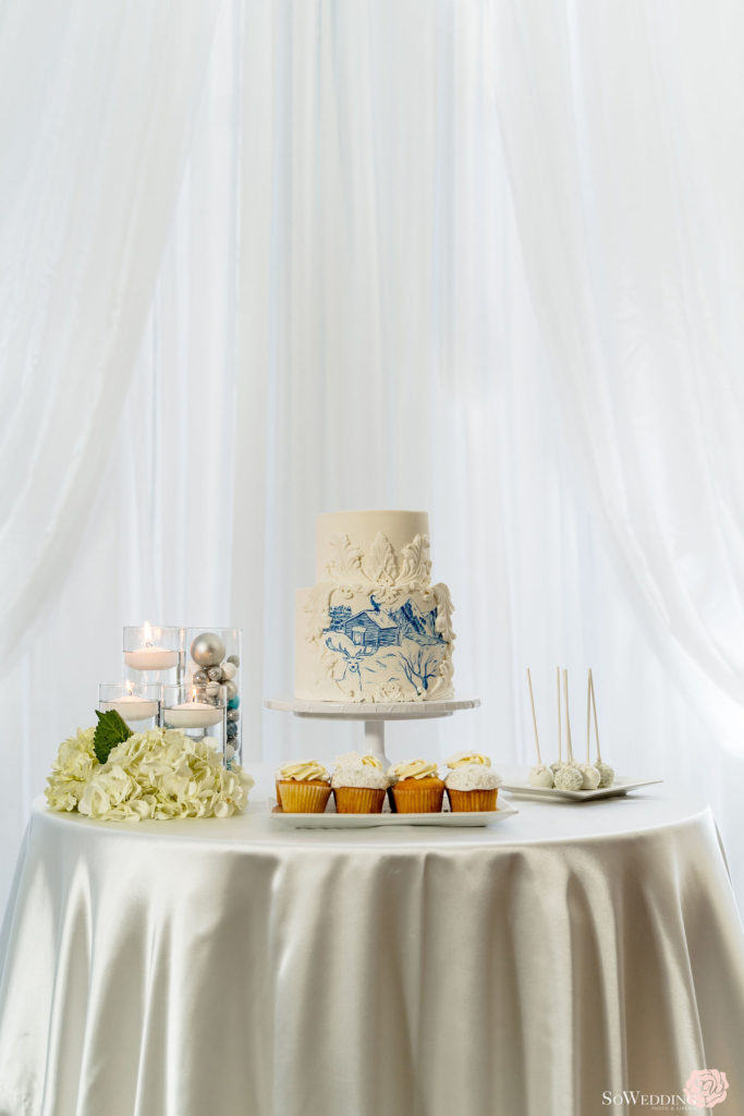 Winter Magic Wedding White and blue wedding cake by Eventful by Mandy in Vancouver 