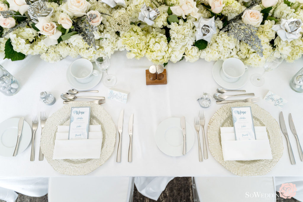 Winter Magic Reception Guest Table Setting with menu cards in silver at Trump Hotel Vancouver