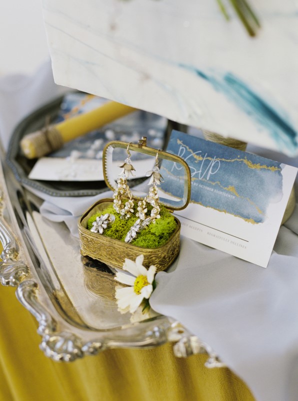 Diamond Earrings on Silver Tray with Dusty Blue Paper Suite by Ideal Events Vancouver