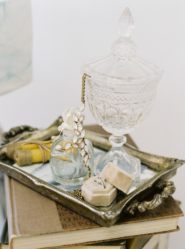 Crystal Decor on Silver Tray and Dusty Blue Wedding Accents