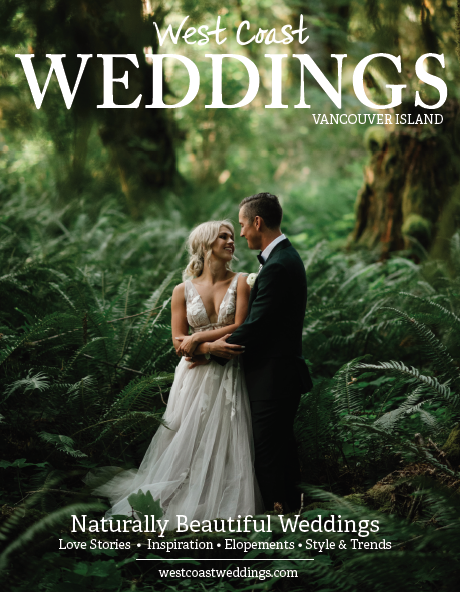 Wedding magazine cover with newlyweds in forest surrounded by ferns by Erin Wallis Photography